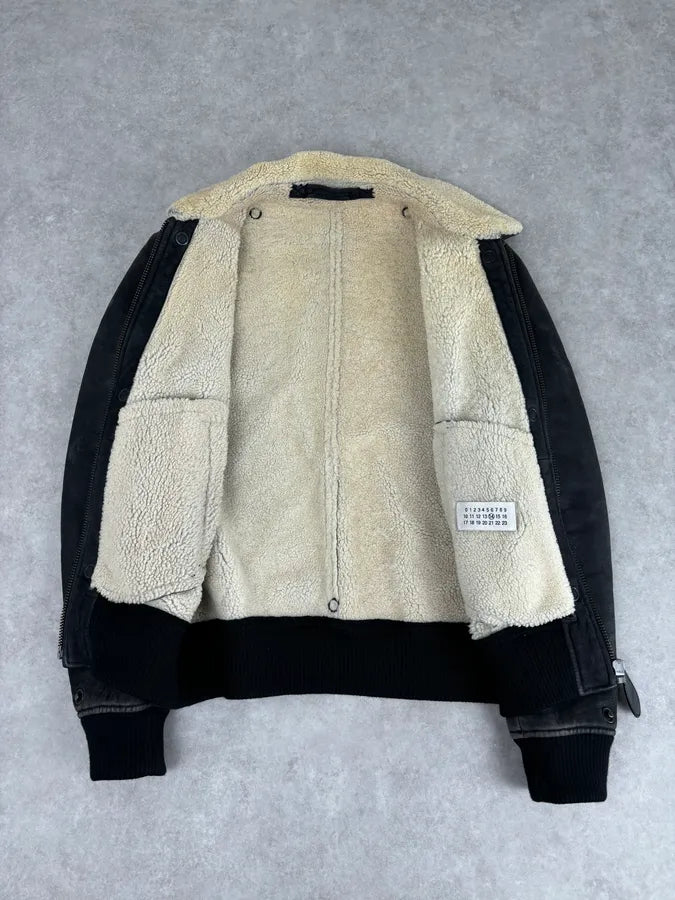 AW2011 Maison Margiela Shearling Faded Black Leather Jacket hfYffjT 6