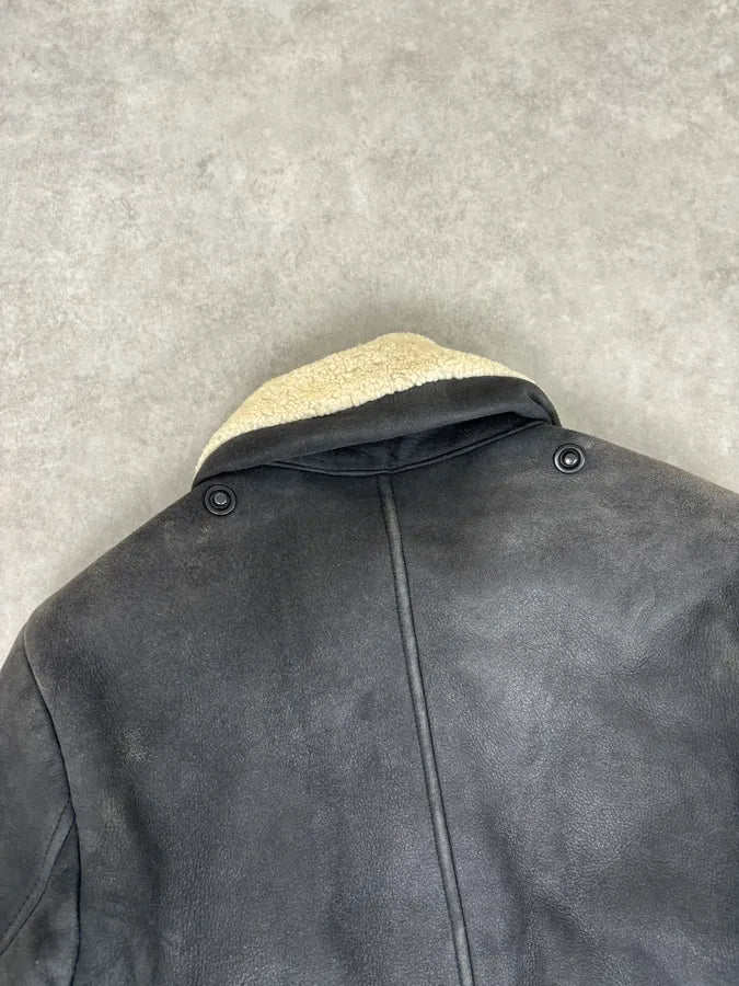 AW2011 Maison Margiela Shearling Faded Black Leather Jacket hfYffjT 5