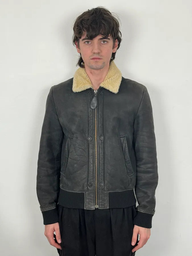 AW2011 Maison Margiela Shearling Faded Black Leather Jacket hfYffjT 1
