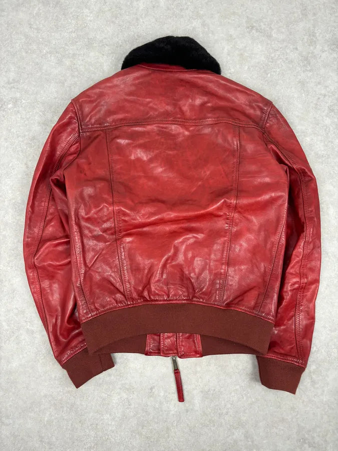 AW2009 Dsquared2 Red Leather Fur Collar Jacket KecpIBO 4