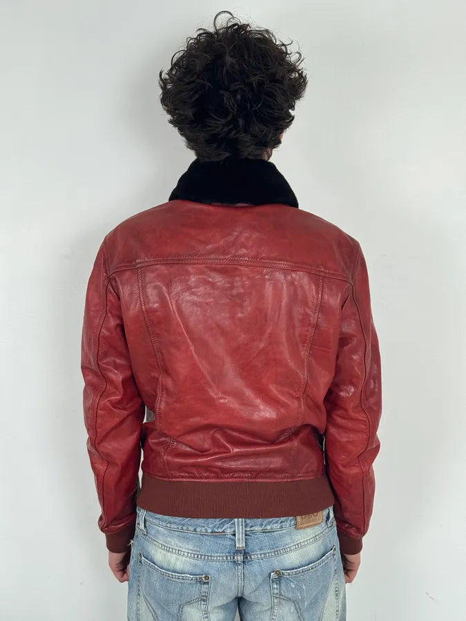 AW2009 Dsquared2 Red Leather Fur Collar Jacket KecpIBO 2