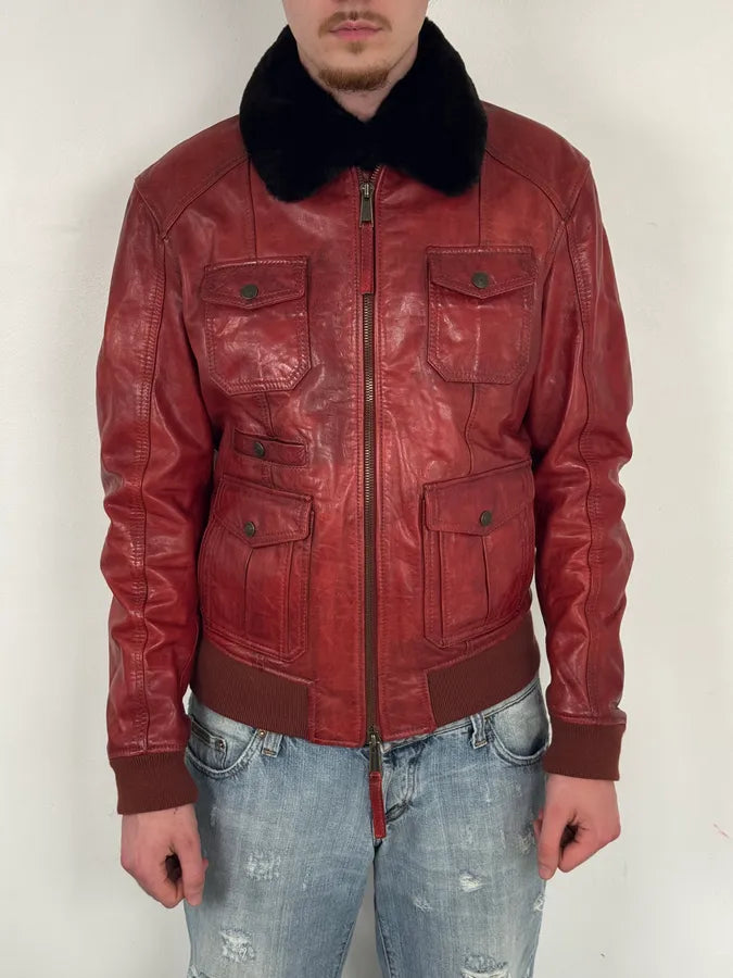 AW2009 Dsquared2 Red Leather Fur Collar Jacket KecpIBO 1