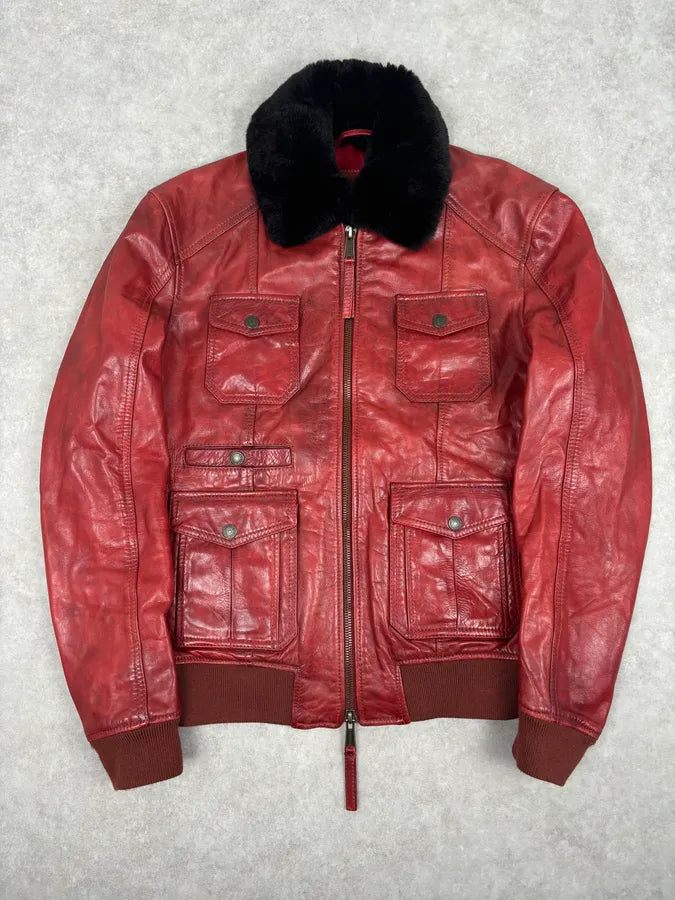 AW2009 Dsquared2 Red Leather Fur Collar Jacket KecpIBO 0