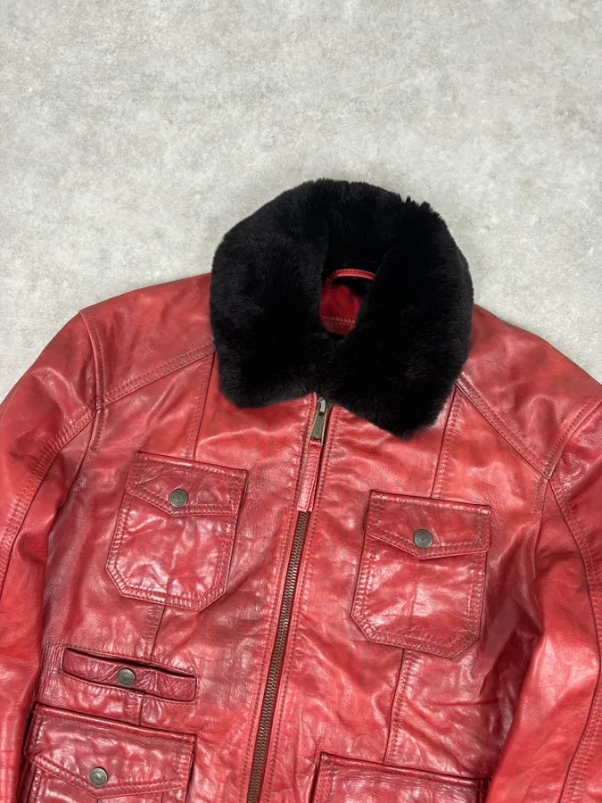 AW2009 Dsquared2 Red Leather Fur Collar Jacket KecpIBO 3