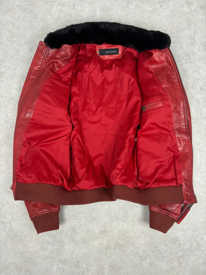 AW2009 Dsquared2 Red Leather Fur Collar Jacket KecpIBO 6