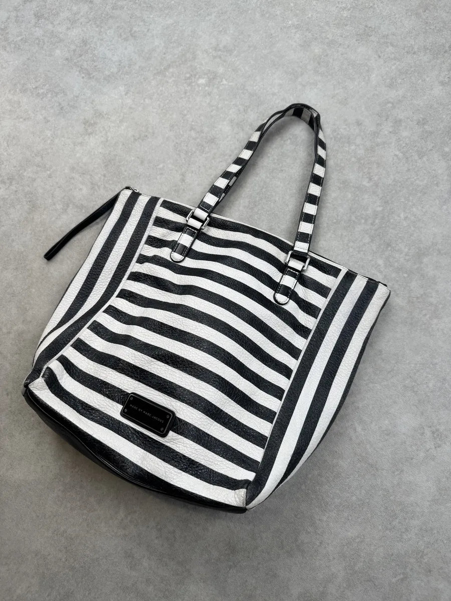 Marc Jacobs Black White Striped Leather Tote Bag ZtiispR 4