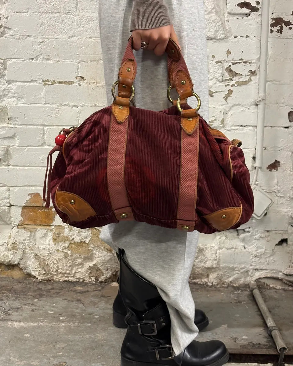Marc Jacobs Burgundy Corduroy Leather Trim Red Handle Bag oKLiLWG 1