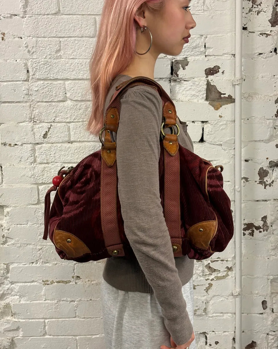 Marc Jacobs Burgundy Corduroy Leather Trim Red Handle Bag oKLiLWG 2