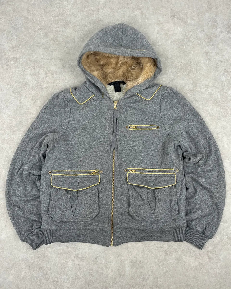 Marc Jacobs Grey Fur Hooded Cargo Zip Up Sweater WpNYDbU 0