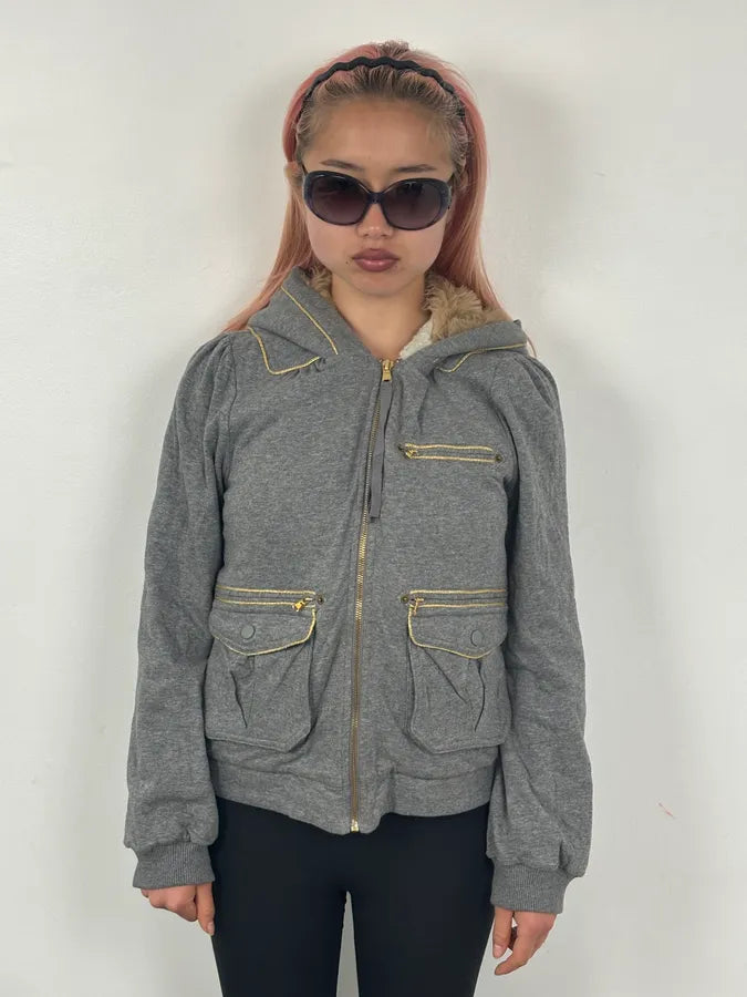 Marc Jacobs Grey Fur Hooded Cargo Zip Up Sweater WpNYDbU 1