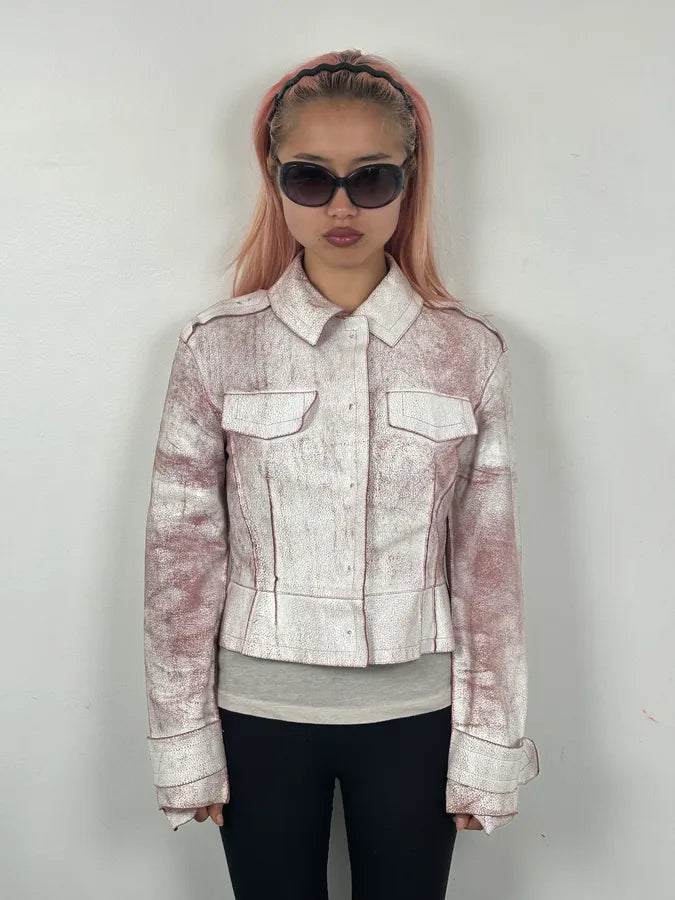 Marc Jacobs White & Pink Crackled Leather Light Jacket OIvAgel 1