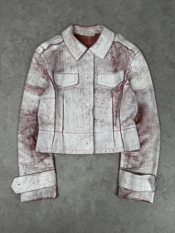 Marc Jacobs White & Pink Crackled Leather Light Jacket OIvAgel 0