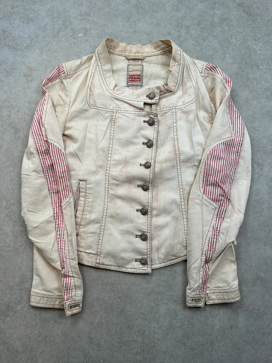 SS2003 Marithé + François Girbaud Beige Buttoned Striped Jacket pkiSIAZ 0