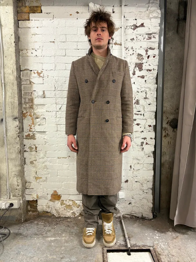 2000s Marithé + François Girbaud Beige Wool Tartan Long Coat mziosRq 1