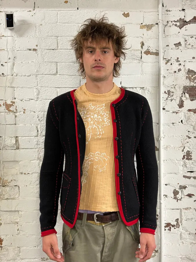 2000s Marithé & François Girbaud Black Wool Contrast Stitch Cardigan cKmXavQ 1