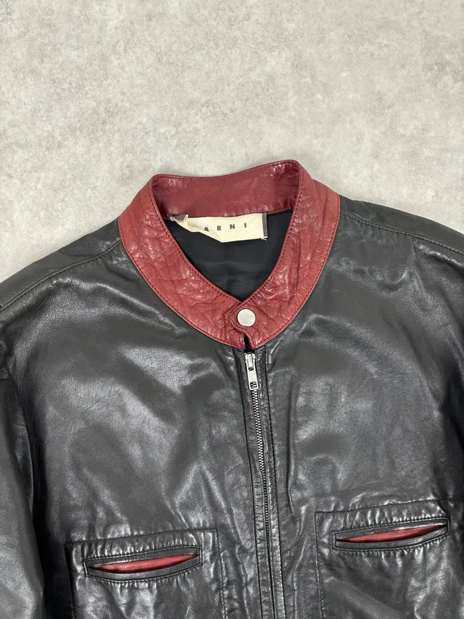 2010s Marni Black Contrast Red Collar Biker Leather Jacket ImOyhUI 3