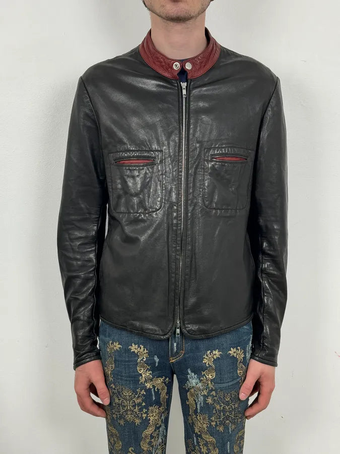 2010s Marni Black Contrast Red Collar Biker Leather Jacket ImOyhUI 1