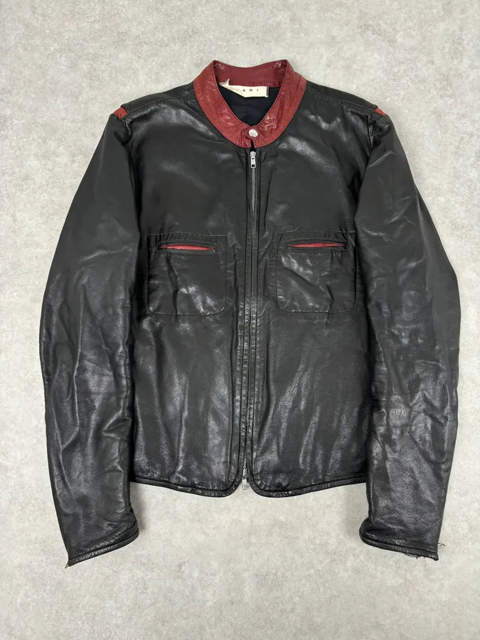 2010s Marni Black Contrast Red Collar Biker Leather Jacket ImOyhUI 0