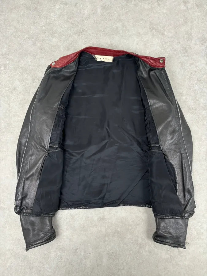 2010s Marni Black Contrast Red Collar Biker Leather Jacket ImOyhUI 6
