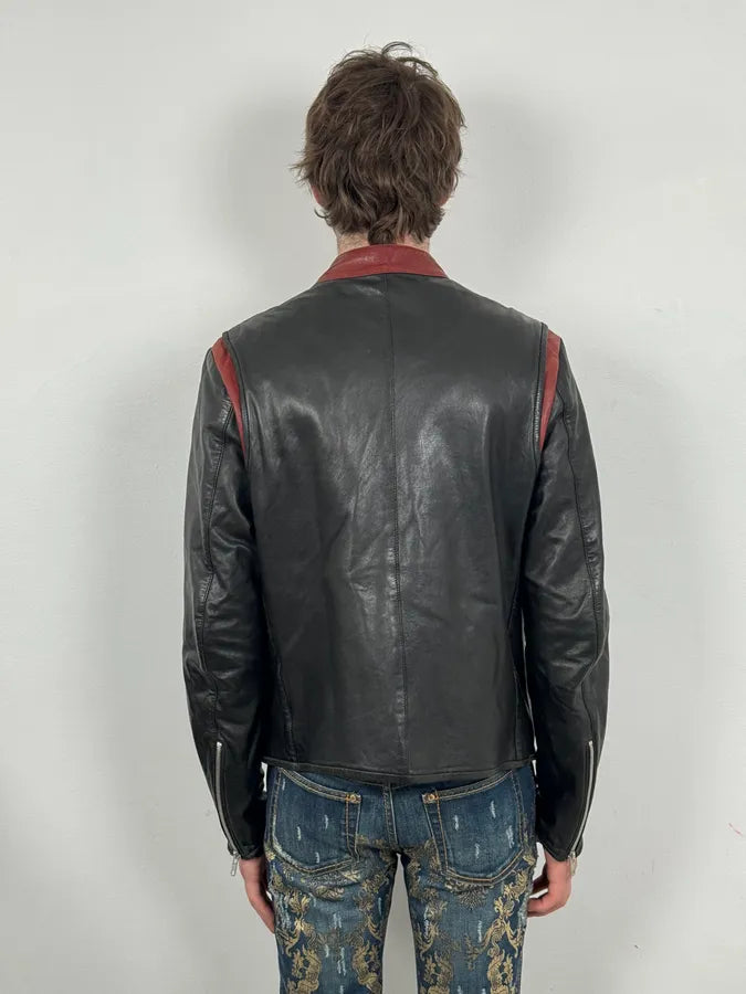 2010s Marni Black Contrast Red Collar Biker Leather Jacket ImOyhUI 2