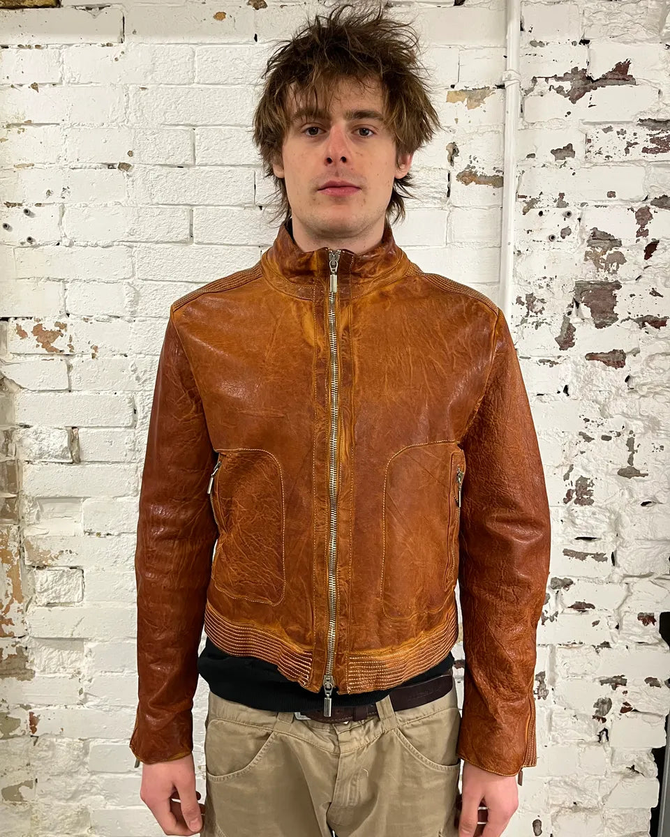 Massimo Rebecchi Cognac Leather Bomber Jacket PklEXAq 2