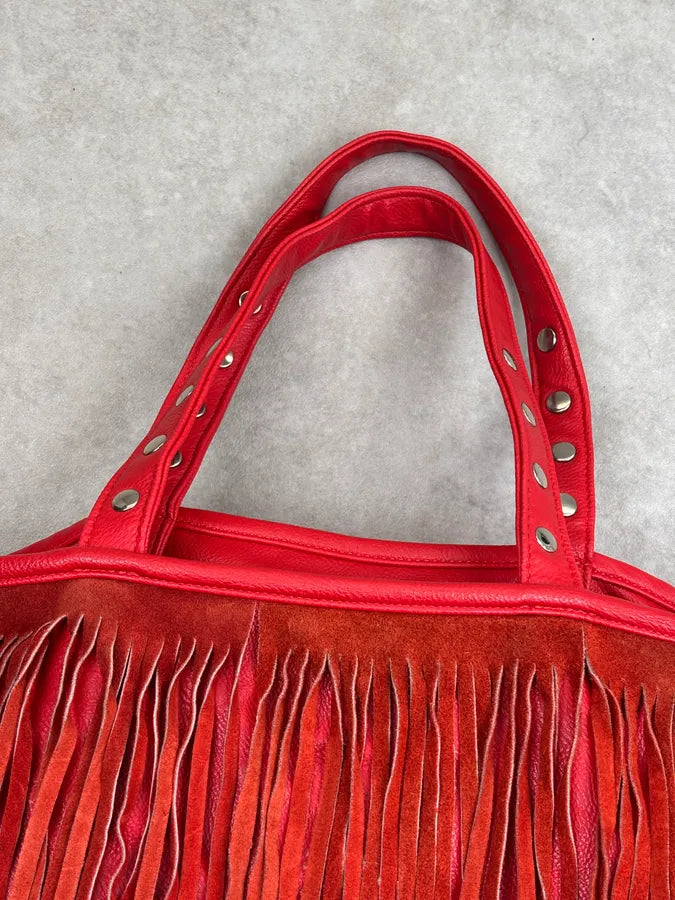 Massimo Rebecchi Red Leather Fringe Bucket Bag yivZylq 5
