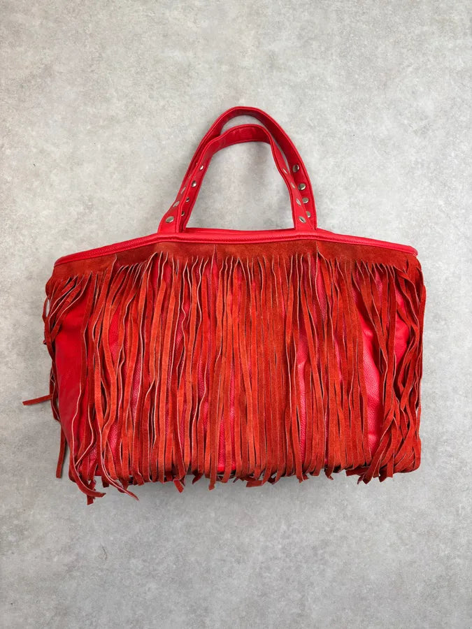 Massimo Rebecchi Red Leather Fringe Bucket Bag yivZylq 3