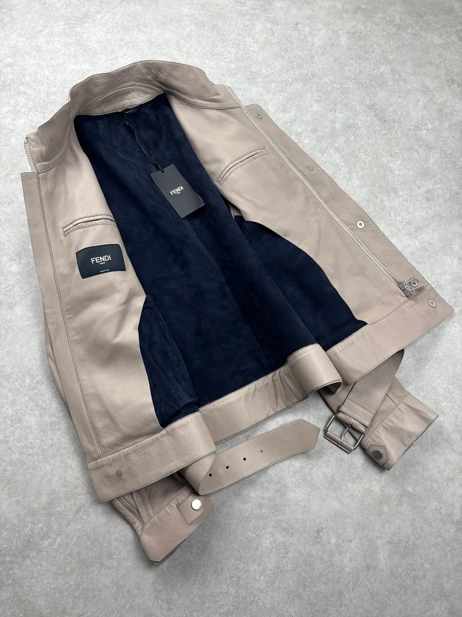SS2015 Fendi Beige Multi-Zip Belted Biker Leather Jacket mcmaaHEi 6