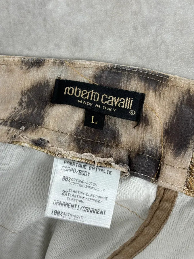 FW2001 Roberto Cavalli Beige Denim Destructured Leopard Skirt  nCAKVkL 11