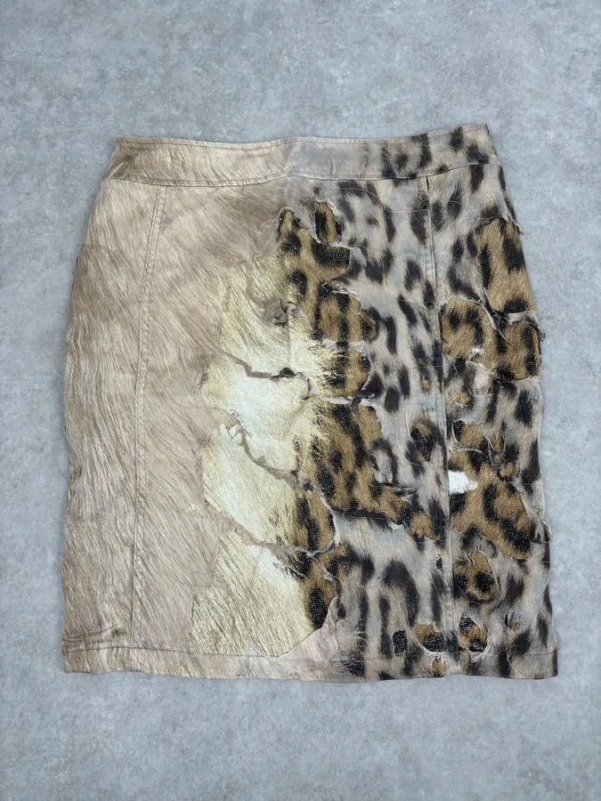 FW2001 Roberto Cavalli Beige Denim Destructured Leopard Skirt  nCAKVkL 3
