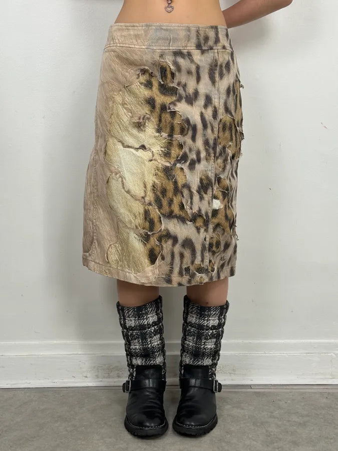 1990s Roberto Cavalli Beige Denim Destructured Leopard Skirt  nCAKVkL 0