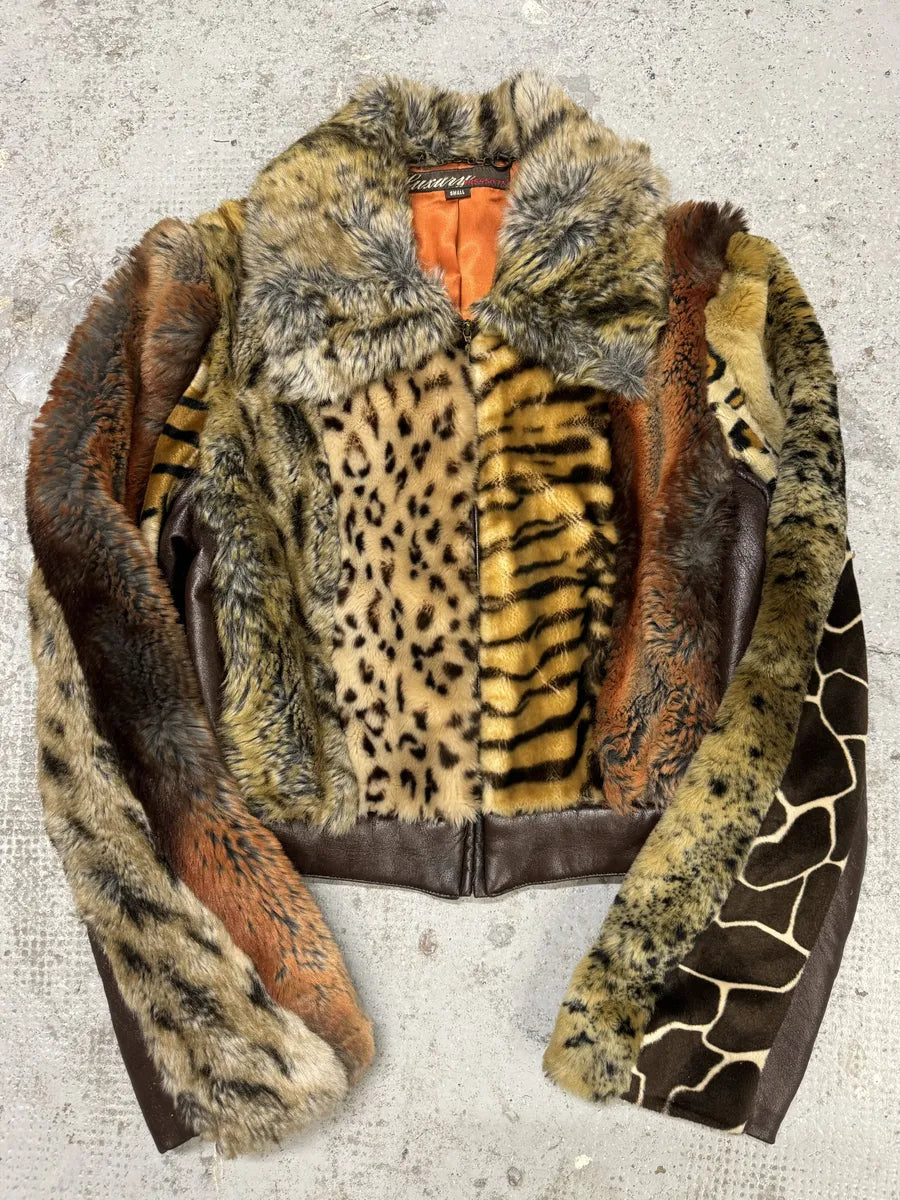 Miss Sixty Patchwork Faux Fur Animal Leopard Jacket WXRlhra 0