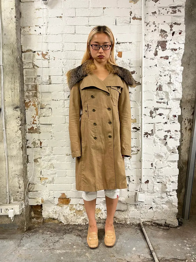 AW2004 Miu Miu Beige Cotton Fur Collar Trench Coat fOfIBfO 2