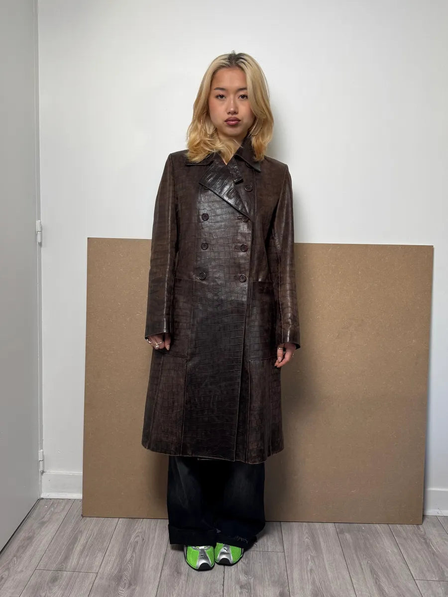 Miu Miu Brown Crocodile Effect Leather Trench Coat pZUeGlU 1