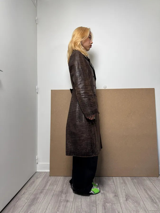 Miu Miu Brown Crocodile Effect Leather Trench Coat pZUeGlU 3