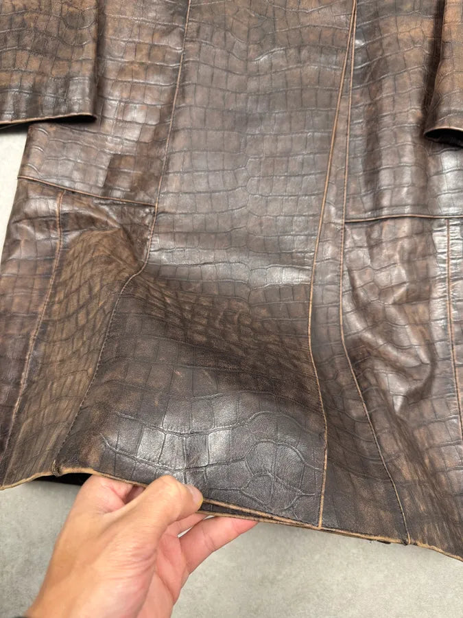 Miu Miu Brown Crocodile Effect Leather Trench Coat pZUeGlU 4