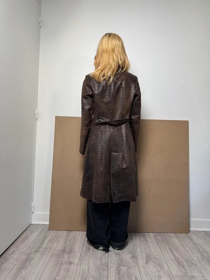 Miu Miu Brown Crocodile Effect Leather Trench Coat pZUeGlU 5