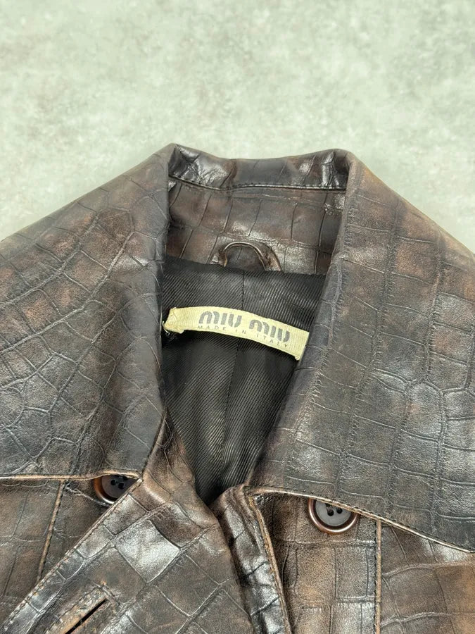 Miu Miu Brown Crocodile Effect Leather Trench Coat pZUeGlU 7