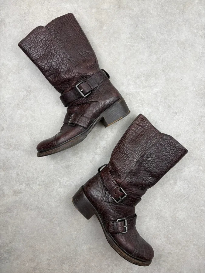Miu Miu Bordeaux Leather Buckle Strap Boots ajhGvpo 4
