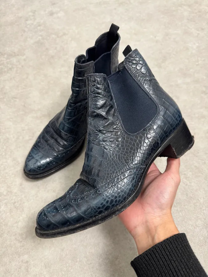 Miu Miu Dark Navy Crocodile Embossed Leather Chelsea Boot Brogue gHcHrRx 0