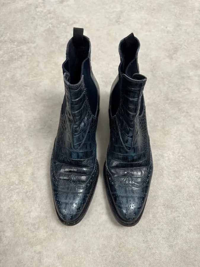 Miu Miu Dark Navy Crocodile Embossed Leather Chelsea Boot Brogue gHcHrRx 6