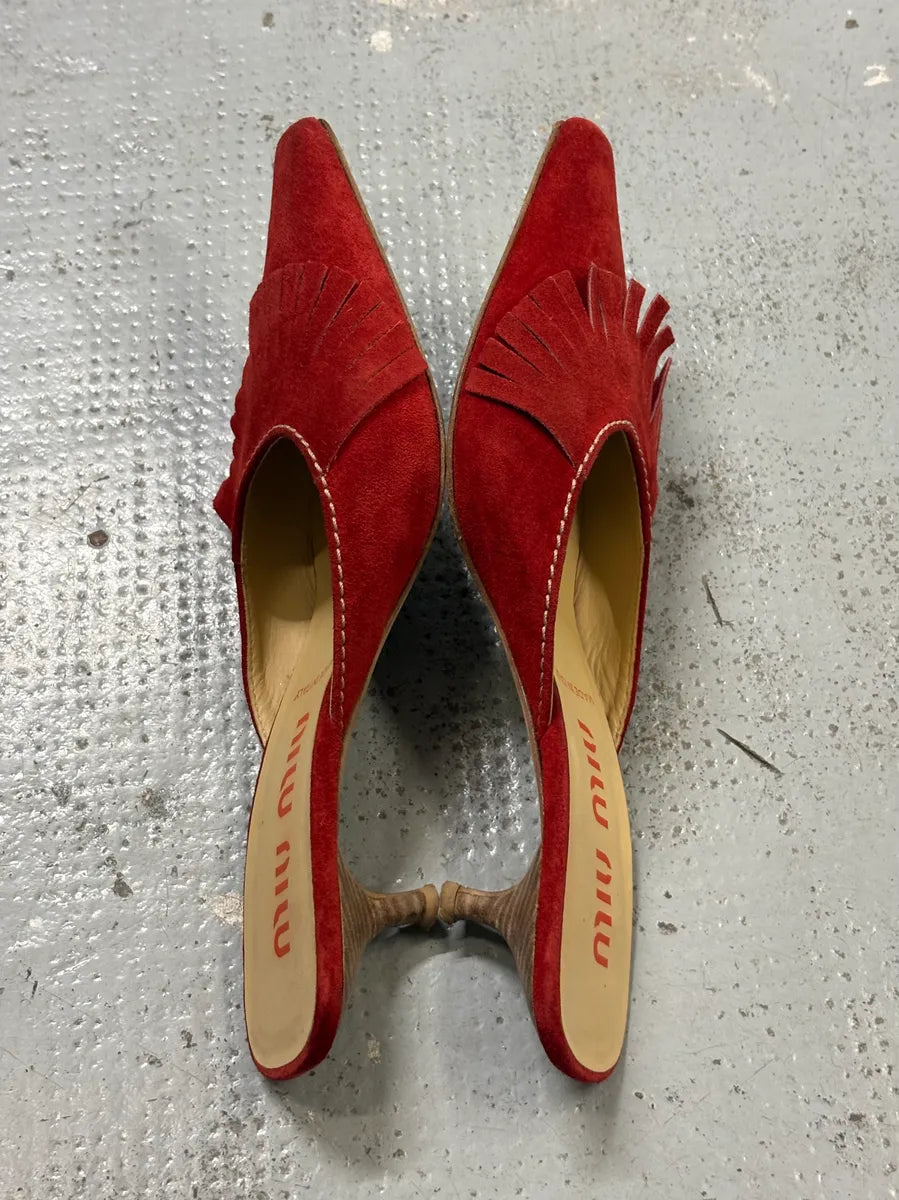 2000s Miu Miu Red Suede Leather Fringed Pumps Heels EsijqoO 3