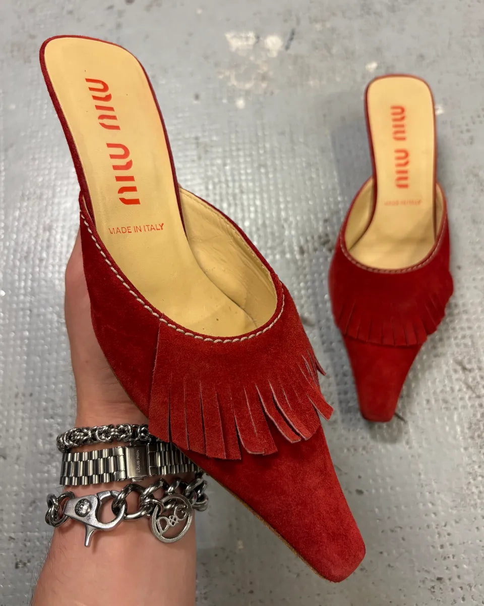 2000s Miu Miu Red Suede Leather Fringed Pumps Heels EsijqoO 0