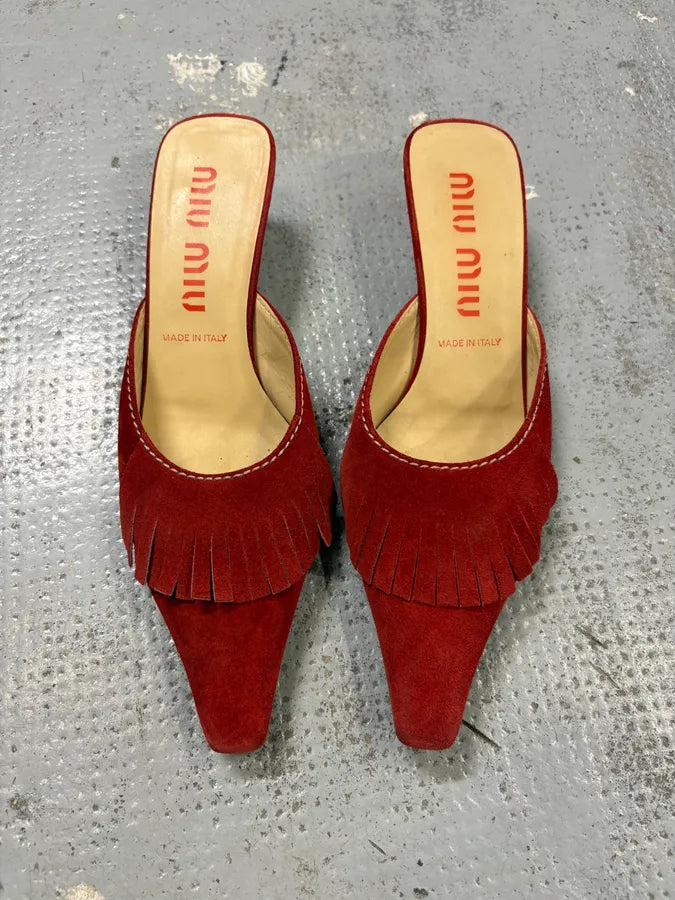 2000s Miu Miu Red Suede Leather Fringed Pumps Heels EsijqoO 1