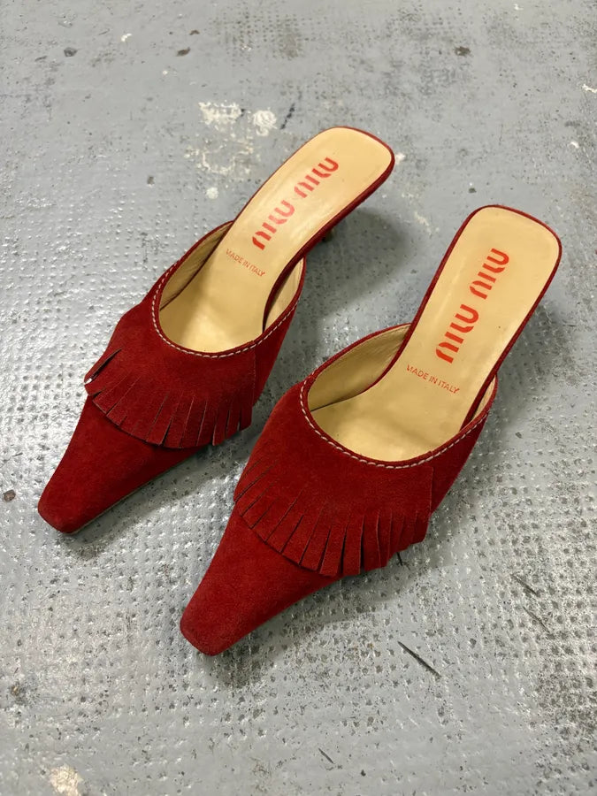2000s Miu Miu Red Suede Leather Fringed Pumps Heels EsijqoO 2