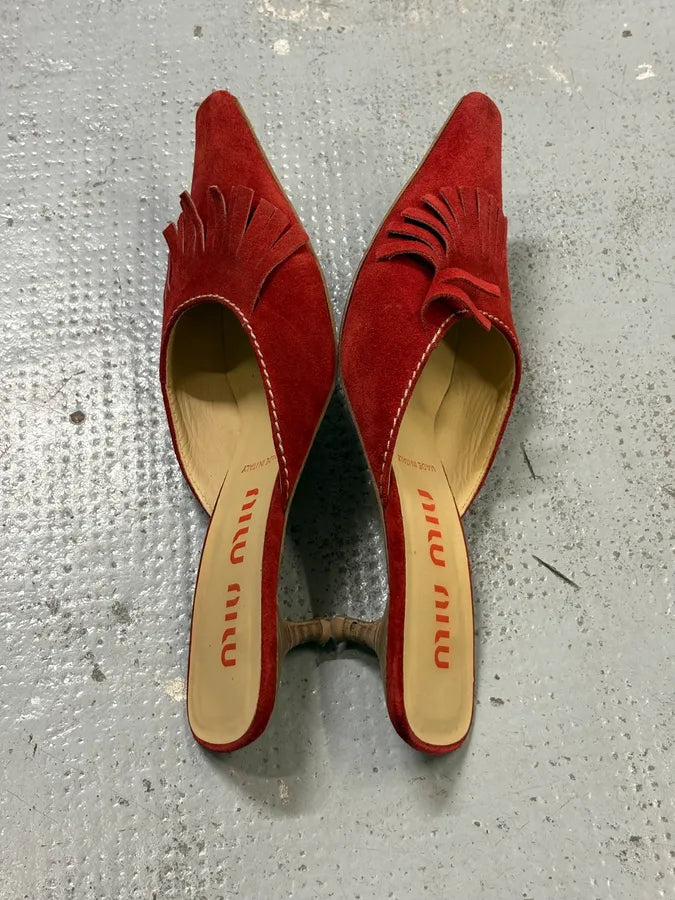 2000s Miu Miu Red Suede Leather Fringed Pumps Heels EsijqoO 4