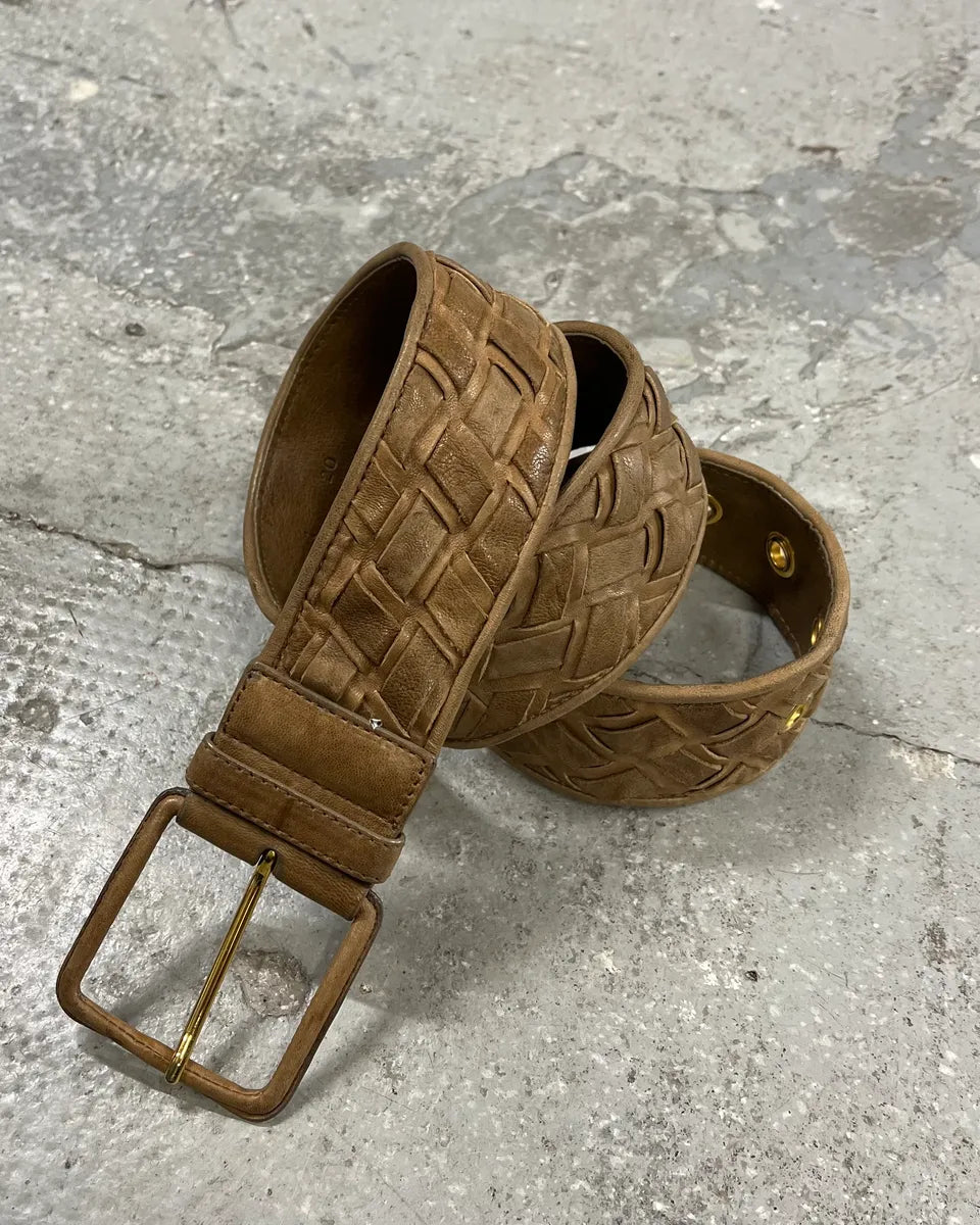 MiuMiu Camel Woven Leather Belt (OS) 0