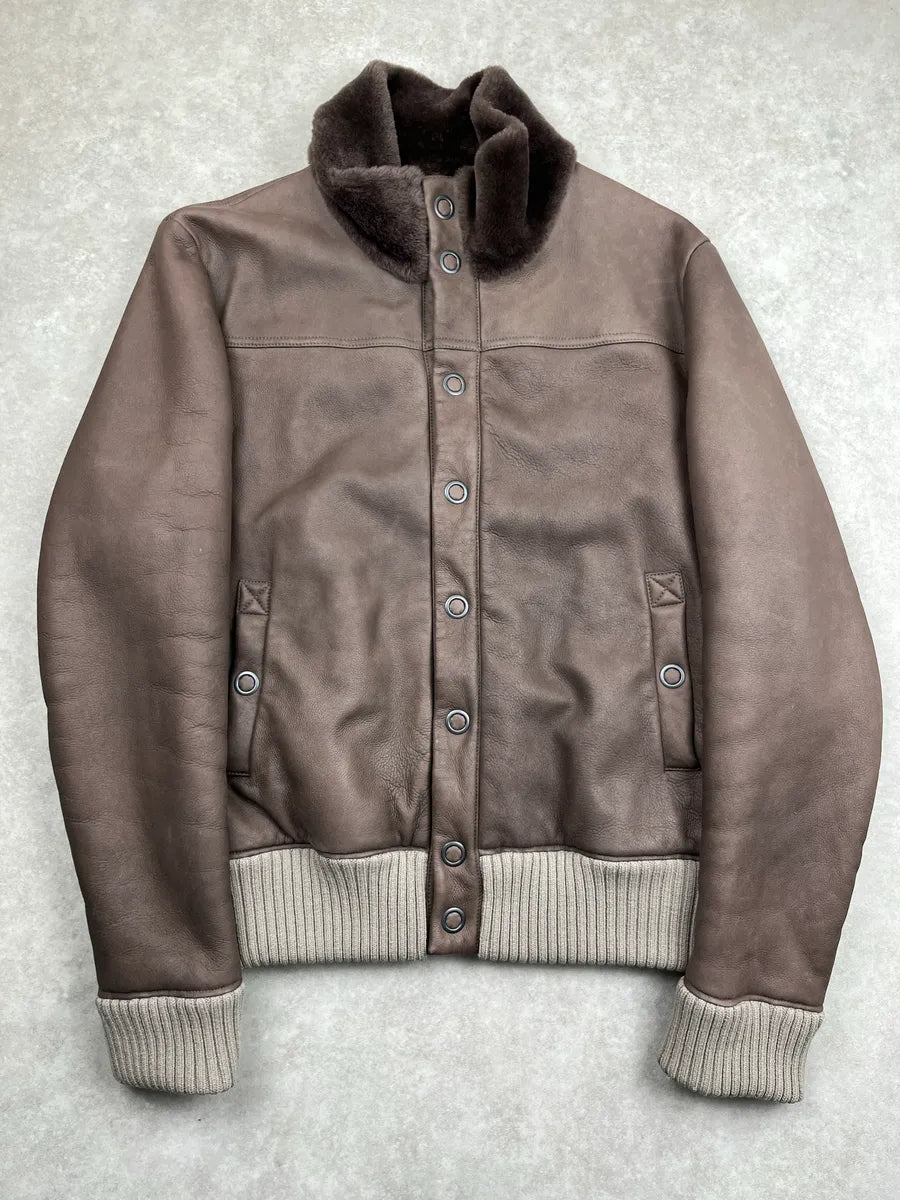 Bottega Veneta Taupe Brown Leather Shearling Lined Bomber Jacket mkcCnbwb 0