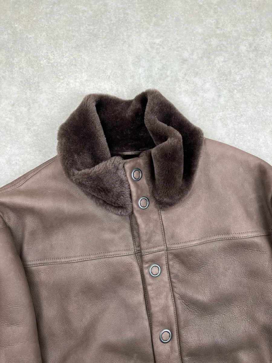 Bottega Veneta Taupe Brown Leather Shearling Lined Bomber Jacket mkcCnbwb 6
