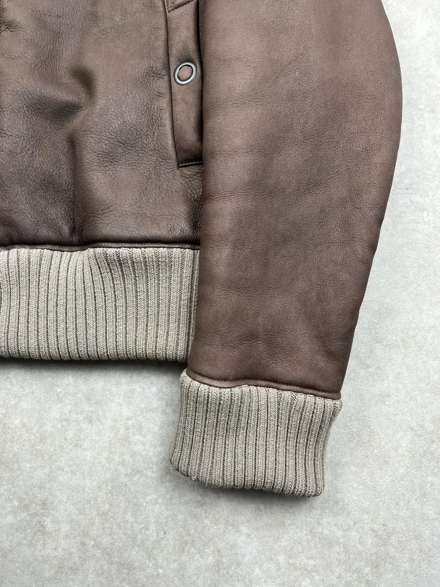 Bottega Veneta Taupe Brown Leather Shearling Lined Bomber Jacket mkcCnbwb 8